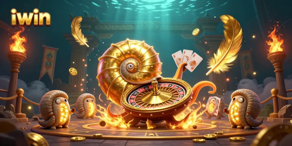 iwin showcases a vibrant 3D casino scene featuring a giant nautilus roulette wheel surrounded by glowing elements.