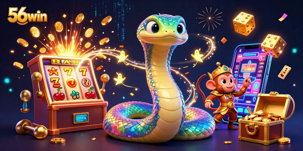 A lively scene showcasing 56win with a rainbow serpent and golden monkey king amidst dynamic jackpot excitement.