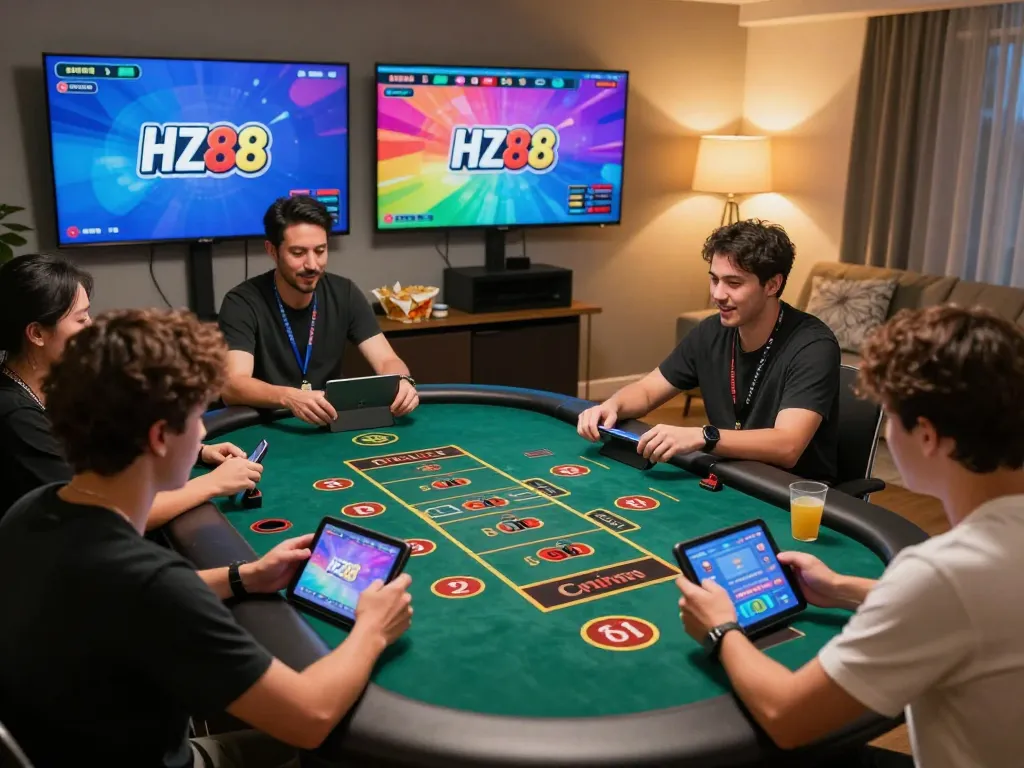 The online gaming scene features HZ88 logo as players engage in strategic bets during a live casino session.