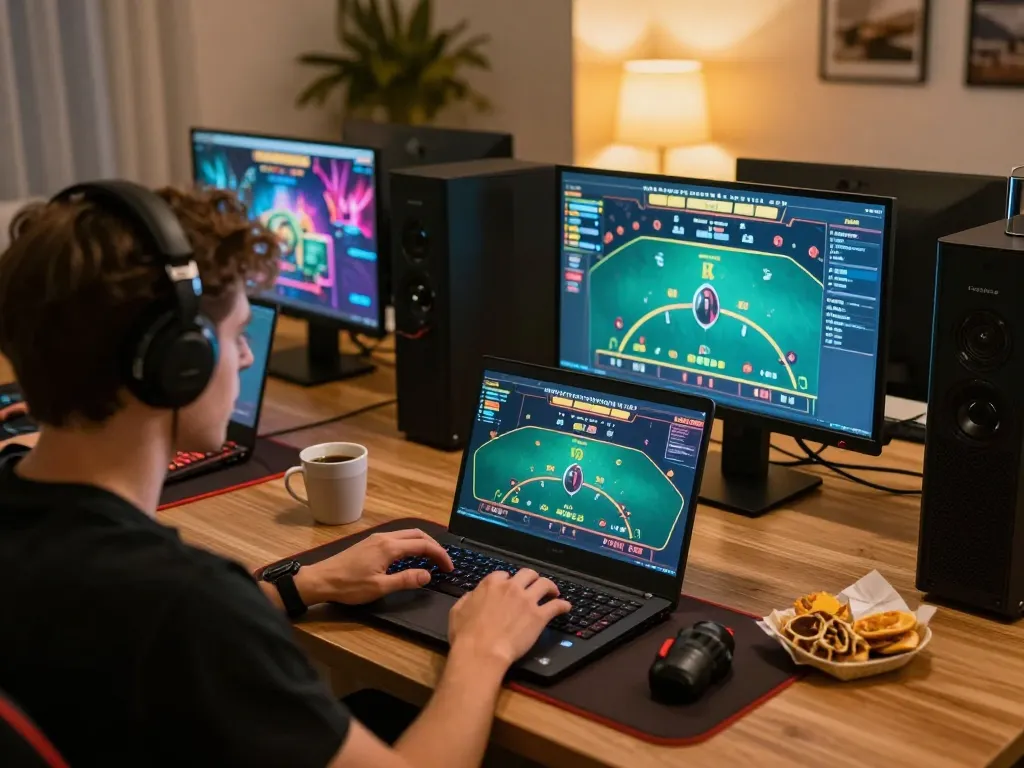 Play blackjack online at 789 in a cozy gaming setup, showcasing intense focus and strategy.