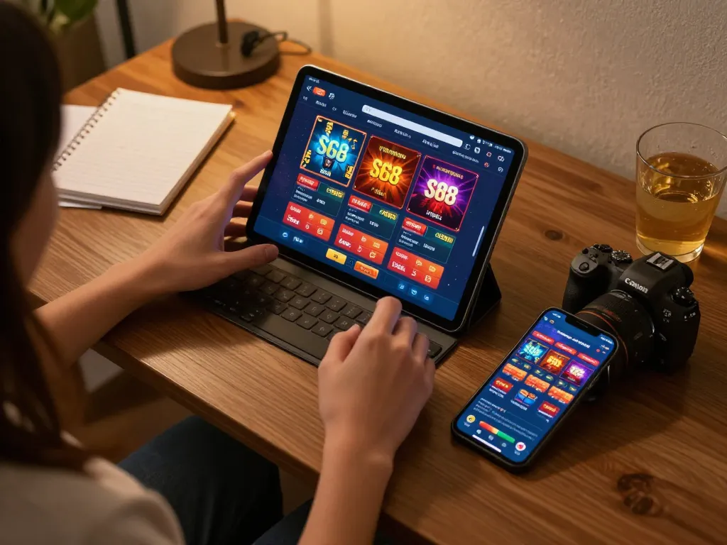 Engaged player checks sc88 betting options on tablet for immersive online gambling experience.