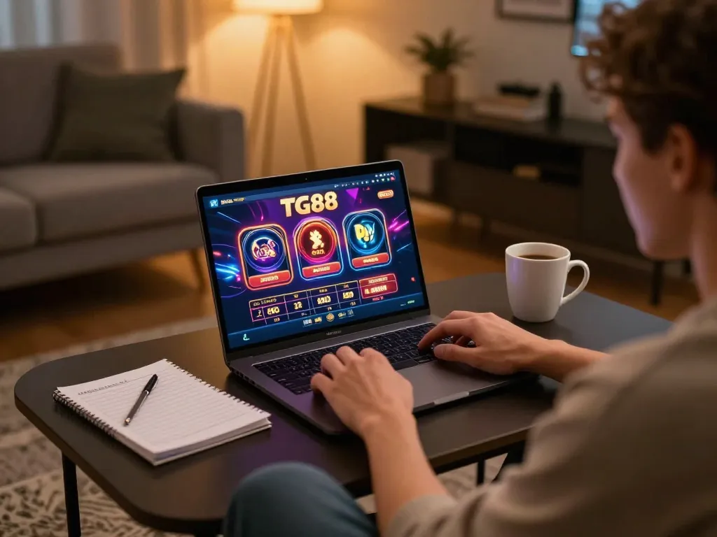 Players engage in online gaming at TG88, enjoying seamless gameplay on a laptop with a vibrant interface.
