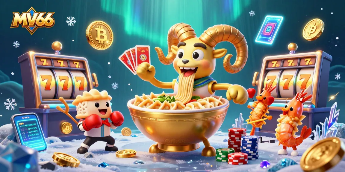 Engage in the vibrant world of MV66 casino, featuring slot action with energetic characters and digital crypto elements.