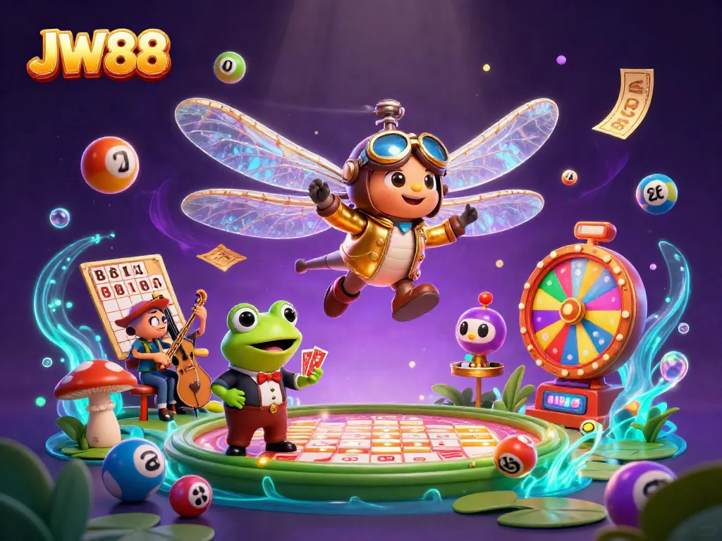 Experience thrilling gaming excitement with JW88's dynamic 3D illustrated casino scene featuring vibrant lottery elements and engaging characters.
