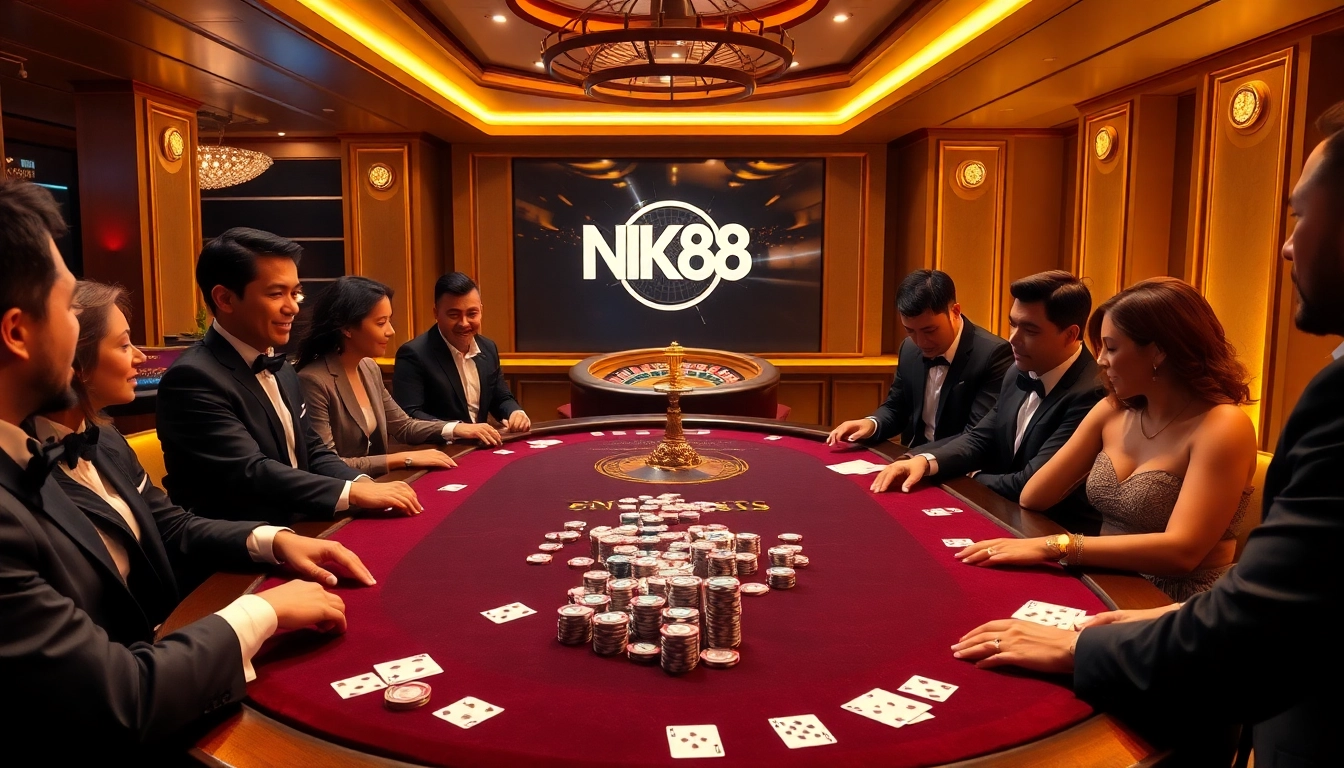 Players enjoying poker and roulette at NK88 casino, showcasing excitement and luxury.