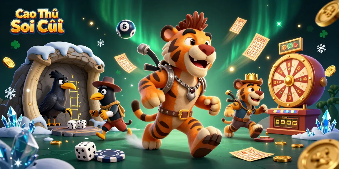Cao Thủ Soi Cầu showcases animated characters in a vibrant prehistoric casino scene, highlighting lottery excitement and gameplay.
