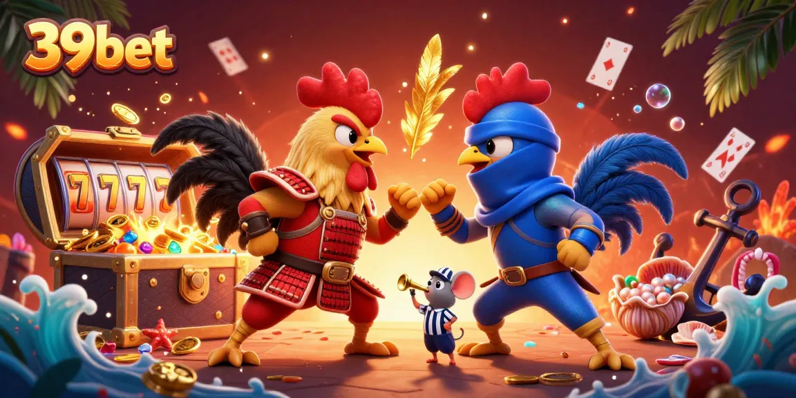 39bet showcases a dynamic cartoon scene with fighting roosters and vibrant casino game elements.