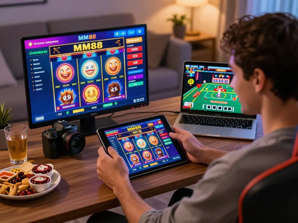 Player enjoying an exciting online gambling experience with MM88 on a tablet, surrounded by vibrant game graphics and cozy atmosphere.