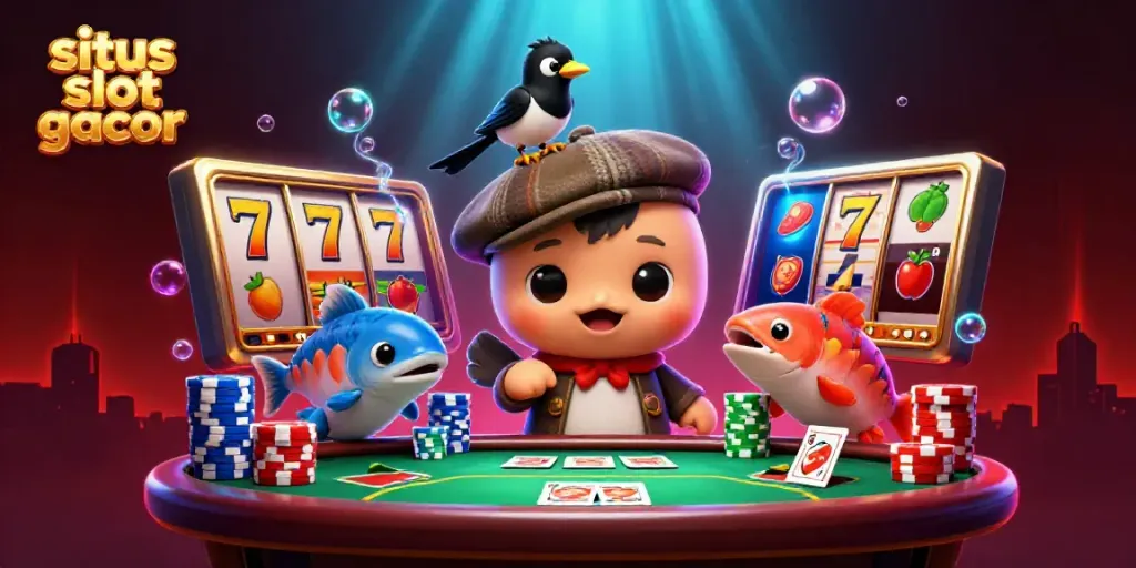 Engaging illustration capturing the excitement of situs slot gacor with characters and colorful slot reels.