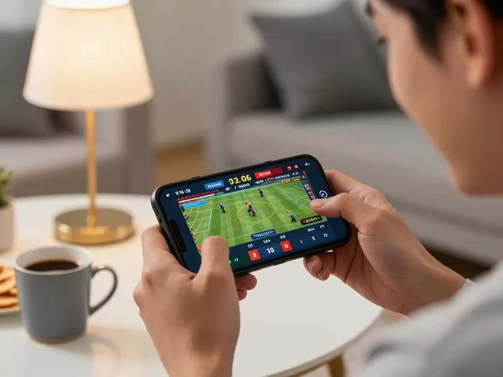 Place your bets on trang chủ lode88 with an engaging smartphone betting setup in a cozy home.