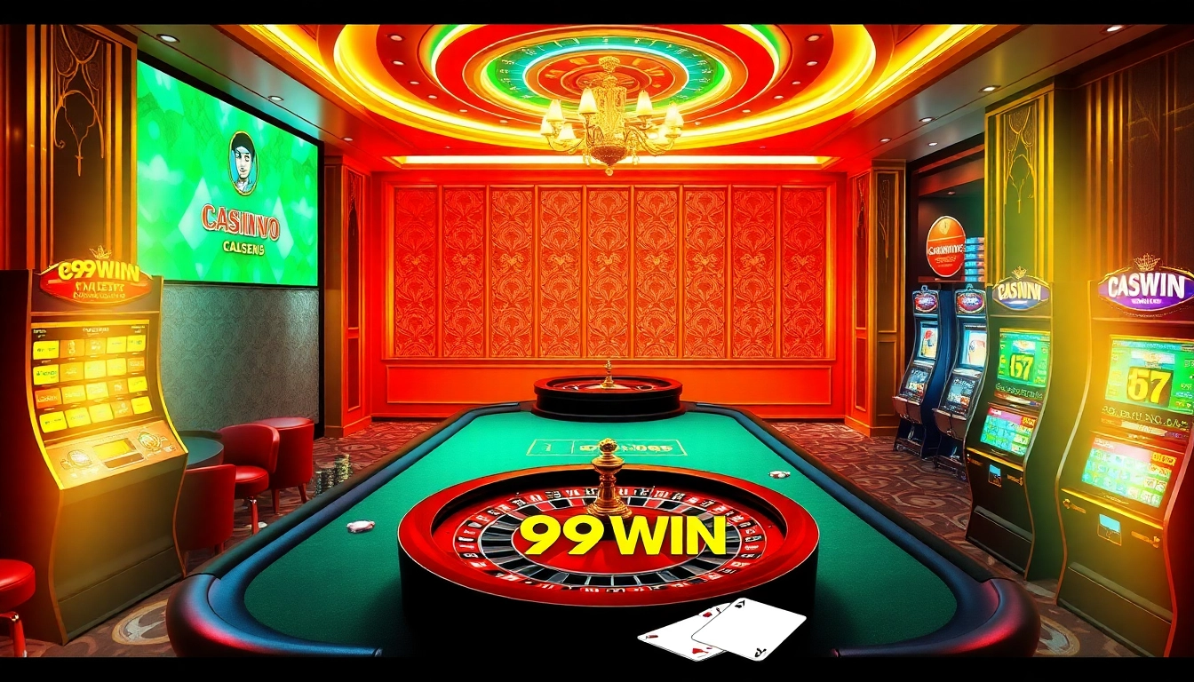 Experience high-stakes gaming excitement at 99WIN casino with vibrant tables and slot machines.
