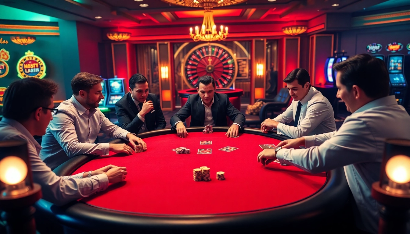 Exciting casino gaming experience at https://debet.spot/ with players at a luxurious poker table.