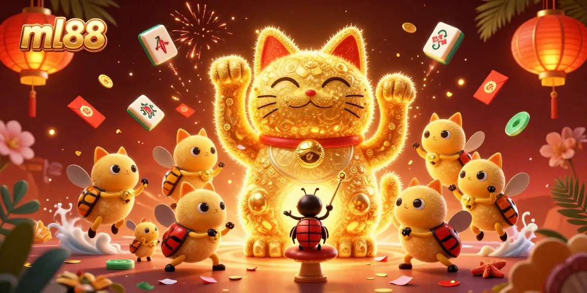Experience the excitement of ml88 with a vibrant 3D illustration featuring lucky symbols and celebrations.