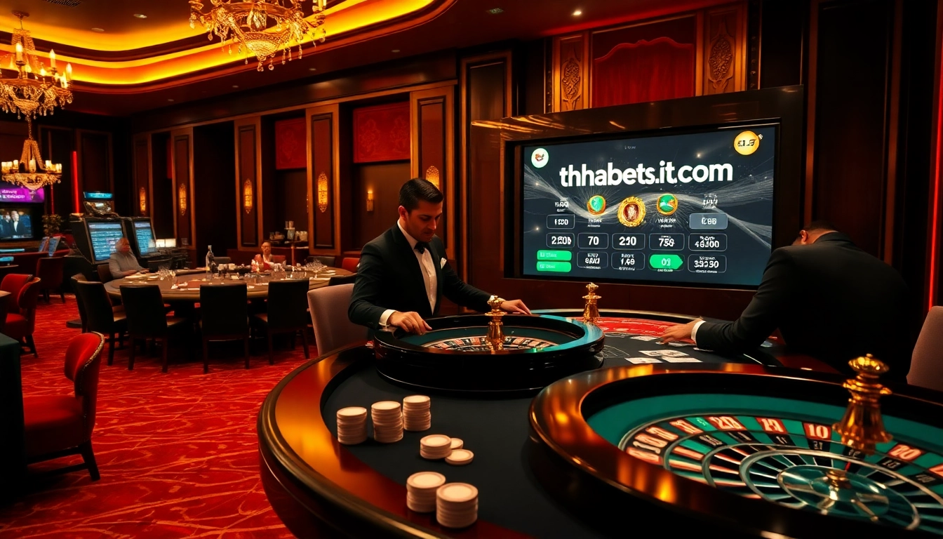 The excitement of high-stakes poker at a casino inspired by https://thabets.it.com/, featuring glamorous players and vibrant atmosphere.