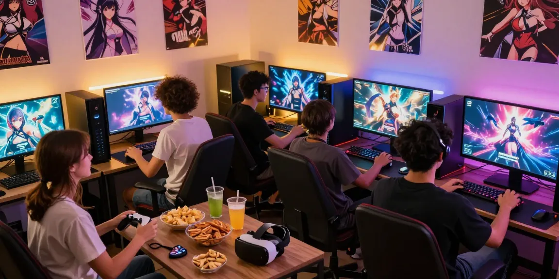 Gathering of friends enjoying real hentai games at a lively gaming setup.