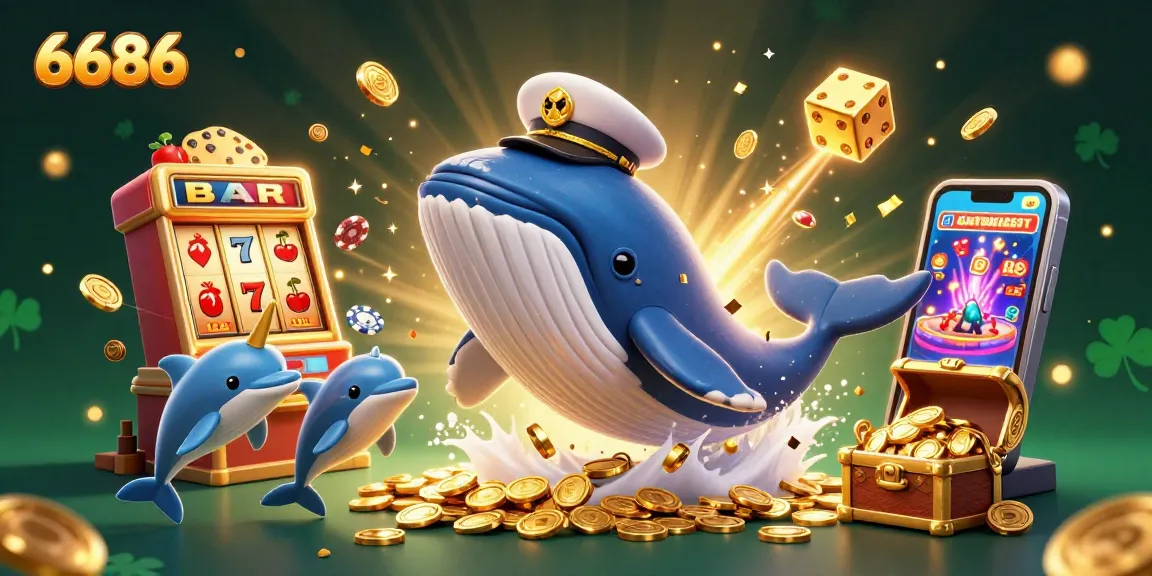 Engage with 6686's exciting casino world featuring a 3D whale and casino elements amidst vibrant visuals.