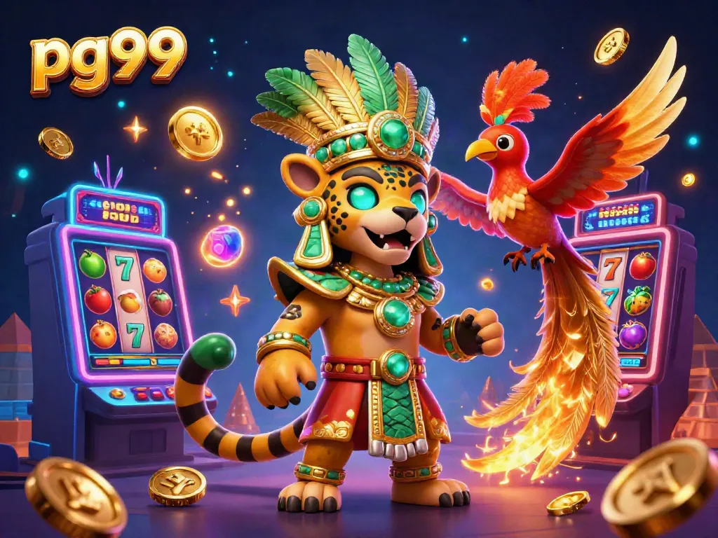 Spin the reels with pg99 in an engaging casino-themed scene featuring a Mayan priest and dynamic game elements.