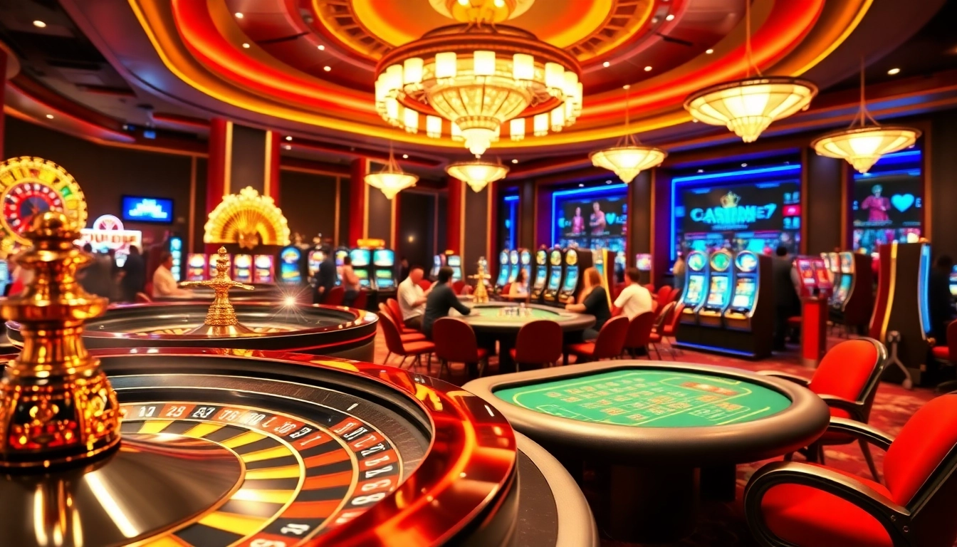 Spannende Casinospiele in einem luxuriösen Casino mit Roulette und Spielautomaten.