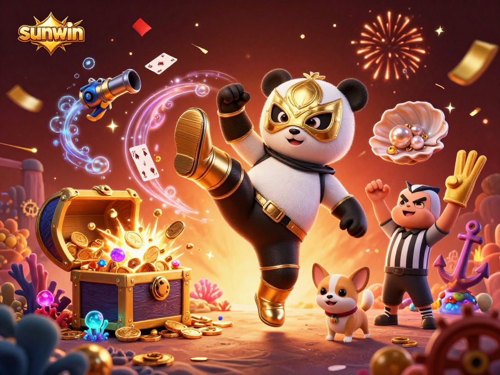 Experience dynamic gaming action with sunwin as a panda wrestler kicks while gold coins scatter.