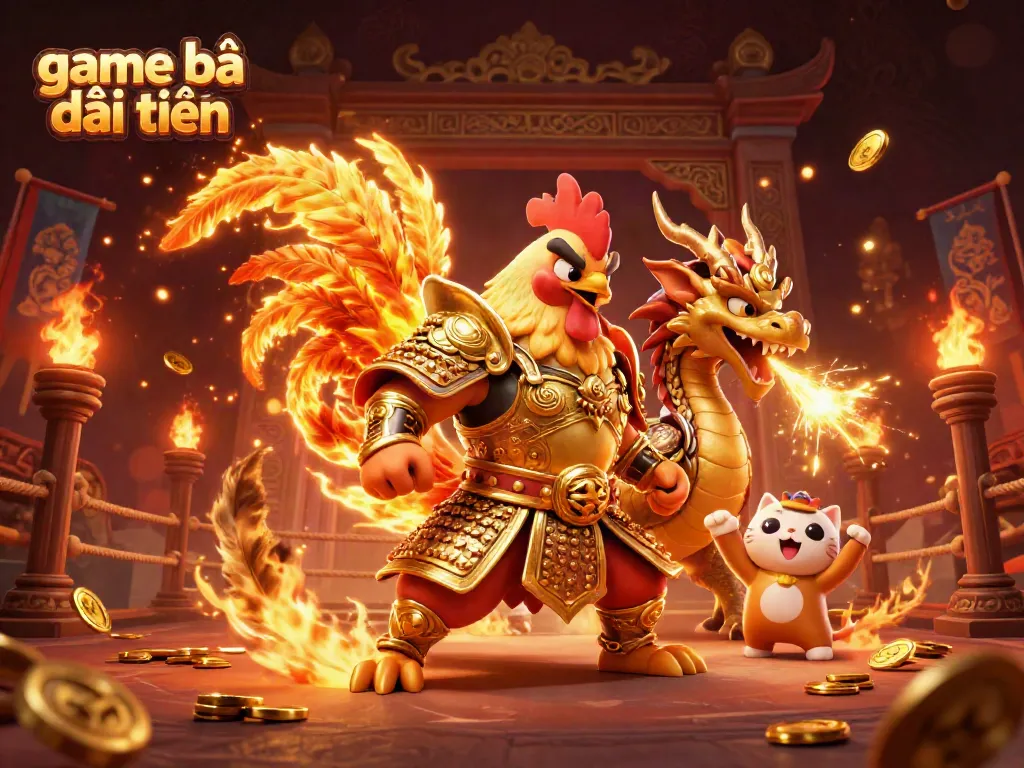 Engaging scene of a fighting rooster warrior and dragon mascot celebrating game bài đổi thưởng excitement, surrounded by dynamic gaming elements.