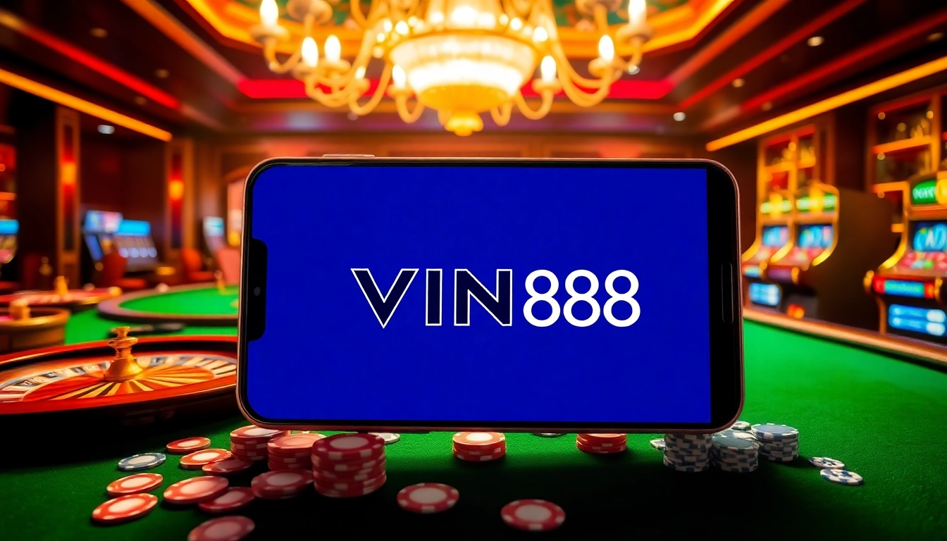Experience the thrill of gambling with the VIN88 App, featuring luxury casino visuals, poker tables, and vibrant gaming elements.
