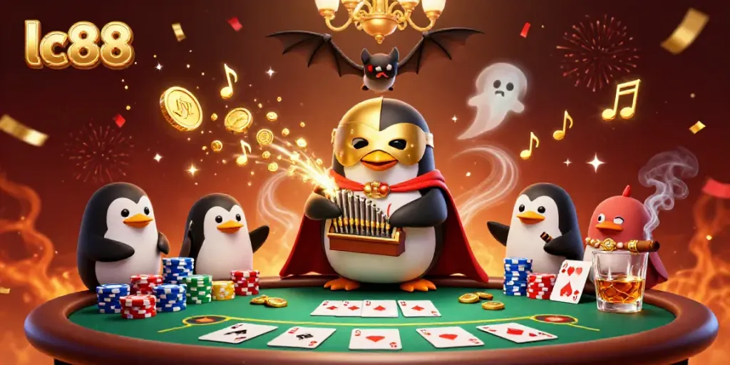 Experience thrilling jackpots at lc88 with a vibrant casino scene featuring an animated penguin and opulent poker elements.