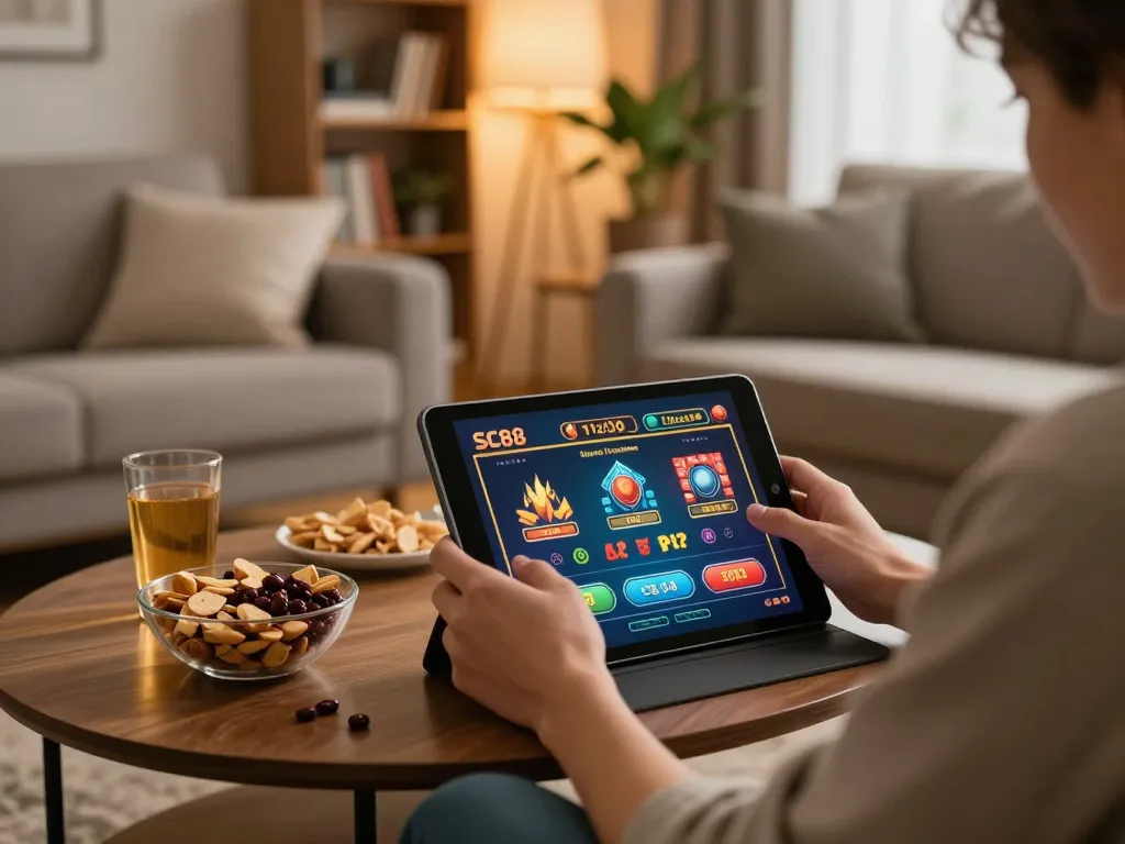 Engaging with SC88 online games on a tablet, showcasing a cozy home atmosphere.