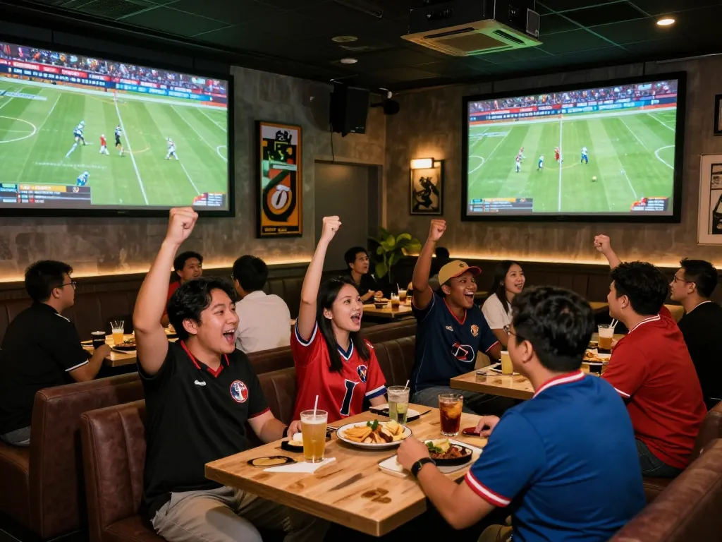 Xoilac sports fans cheering during live match at a vibrant sports bar setting.
