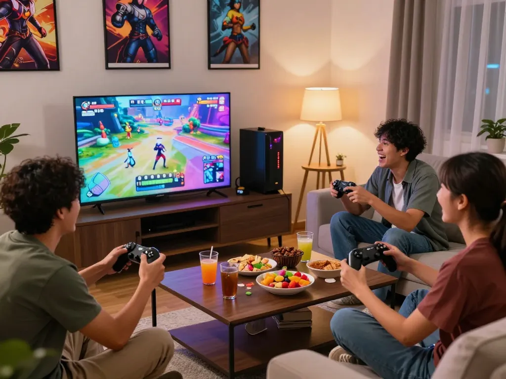 Friends enjoying a multiplayer hentai game in a cozy living room with snacks and vibrant decorations.
