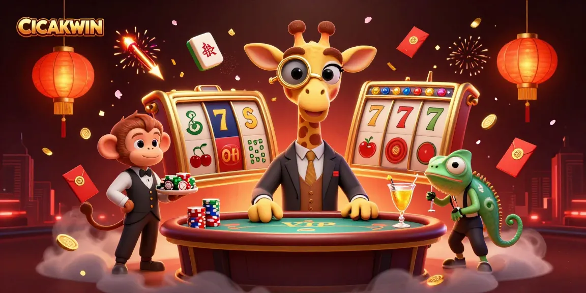 CICAKWIN showcases a vibrant casino scene with a high-roller giraffe and lucky symbols for winning.