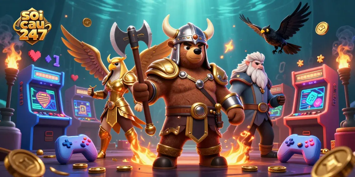 Soi cau 247 featuring exciting game action with Viking bear and Valkyrie eagle in a colorful casino scene