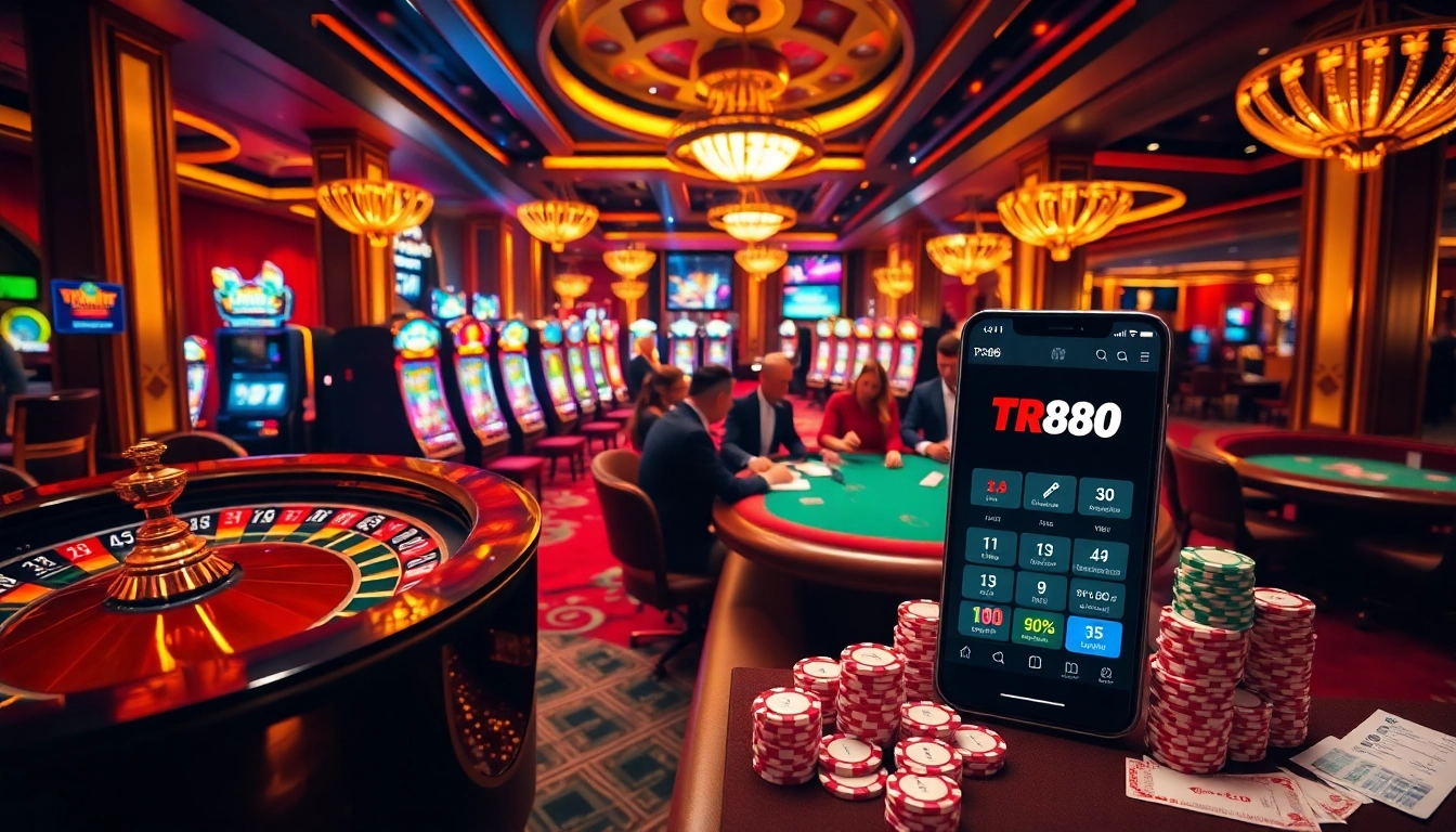 Experience the thrill of winning at TR88's vibrant casino with poker tables, chips, and roulette.