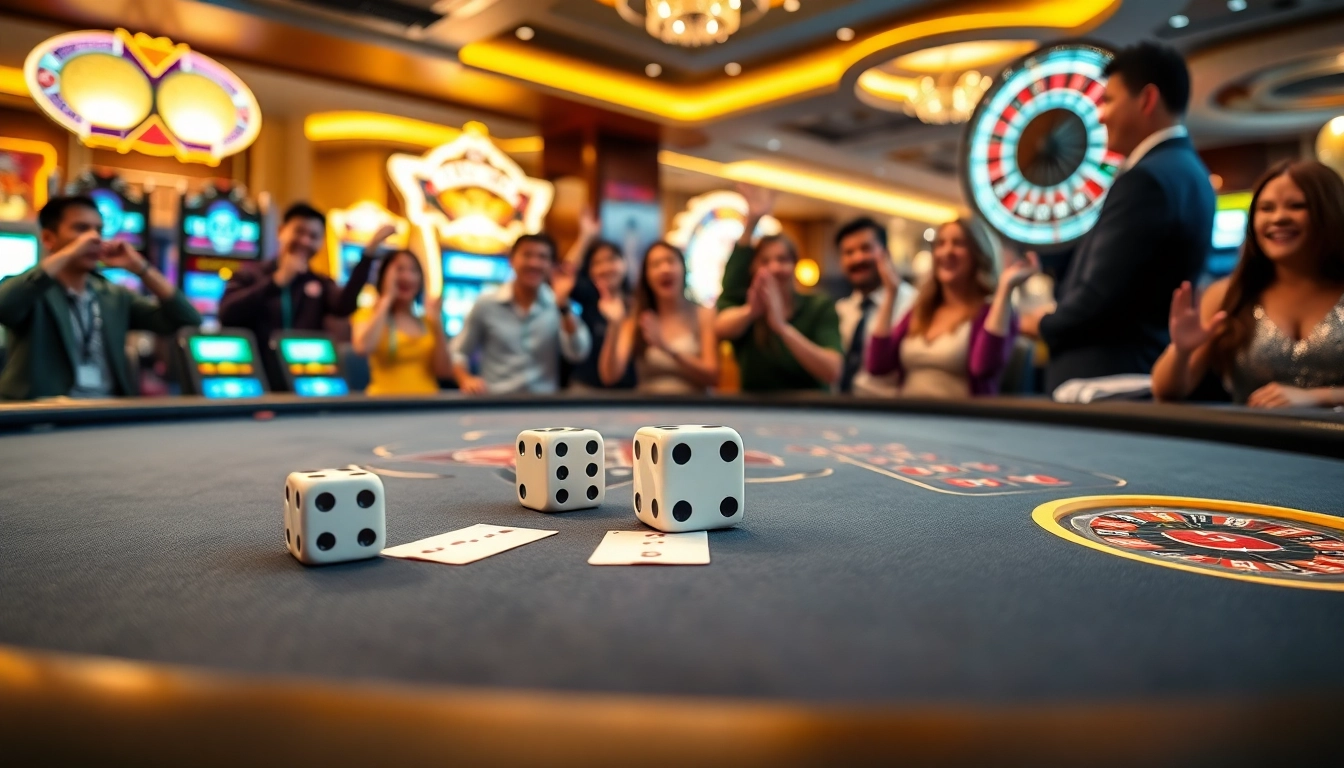 Engaged players enjoying Tài xỉu Md5 at a luxurious casino table, featuring dice and betting slips.
