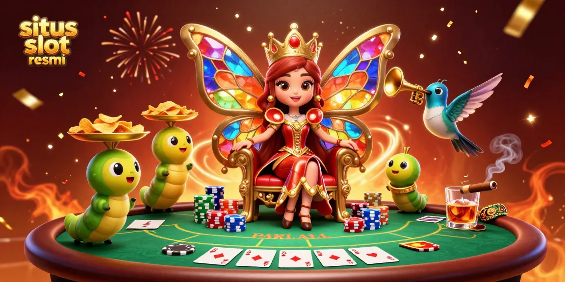 Play at situs slot resmi with a vibrant casino scene showcasing a butterfly queen and poker elements.