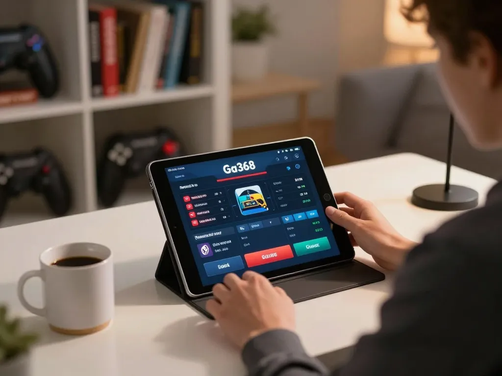 Engaging with Ga368 online bet interface on tablet during a cozy home gaming session.