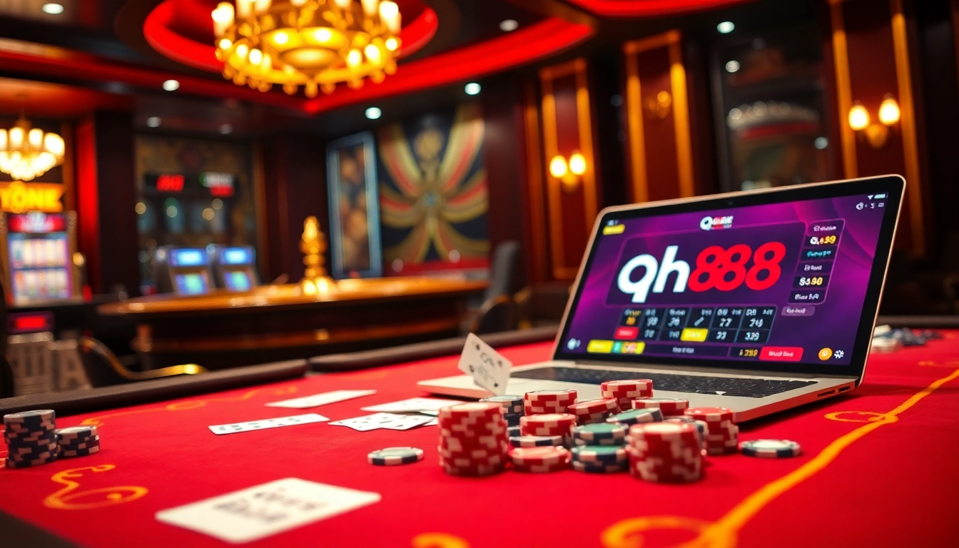 Engaging qh88 poker table scene showcasing vibrant chips, cards, and a roulette wheel in a luxurious casino atmosphere.