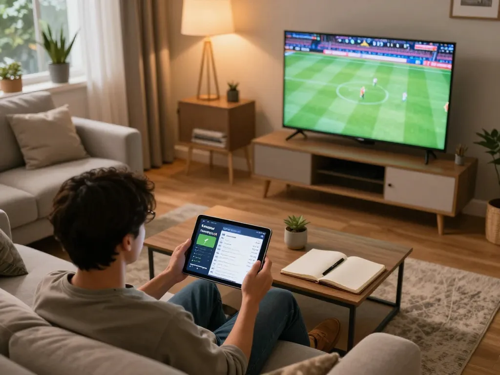 Using the Nowgoal app to track live sports scores during a home betting session.