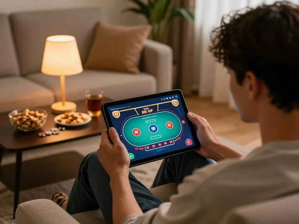 Engaging in online poker gameplay on rik vip platform in a cozy home setting