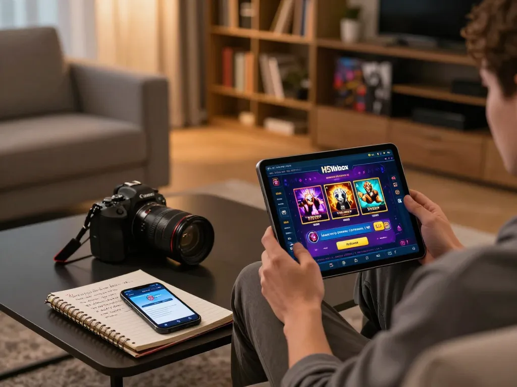 H5 Winbox login on tablet, showcasing vibrant online games in a cozy home setting.