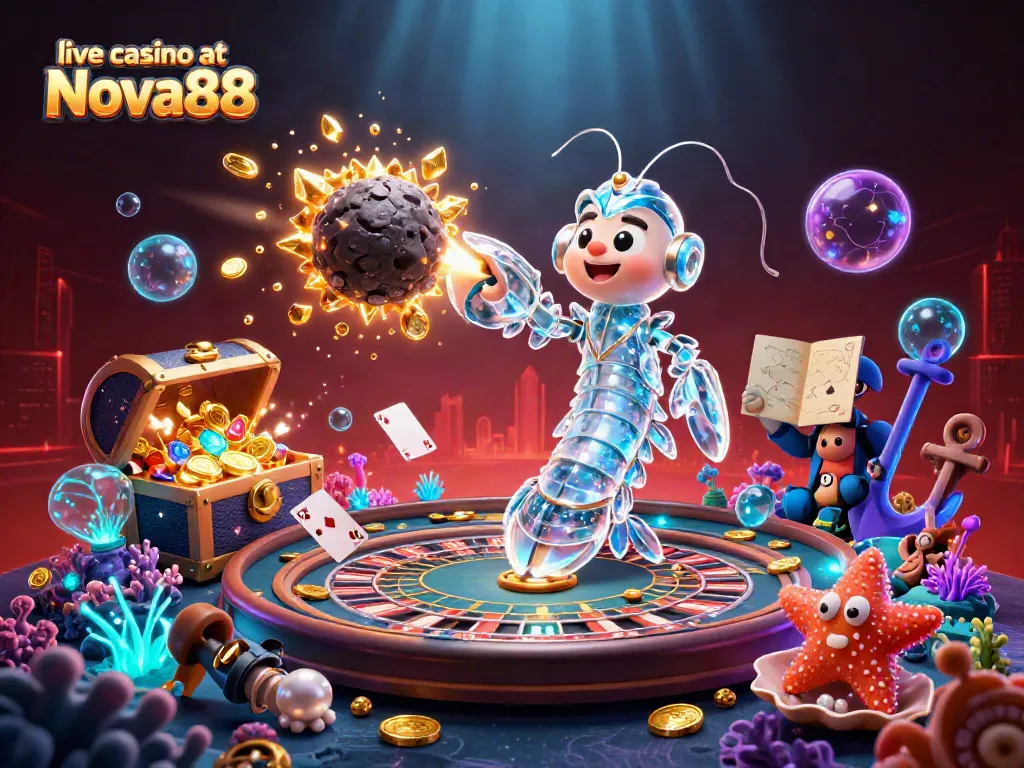 Experience live casino at Nova88 with an exciting illustration featuring vibrant casino elements.