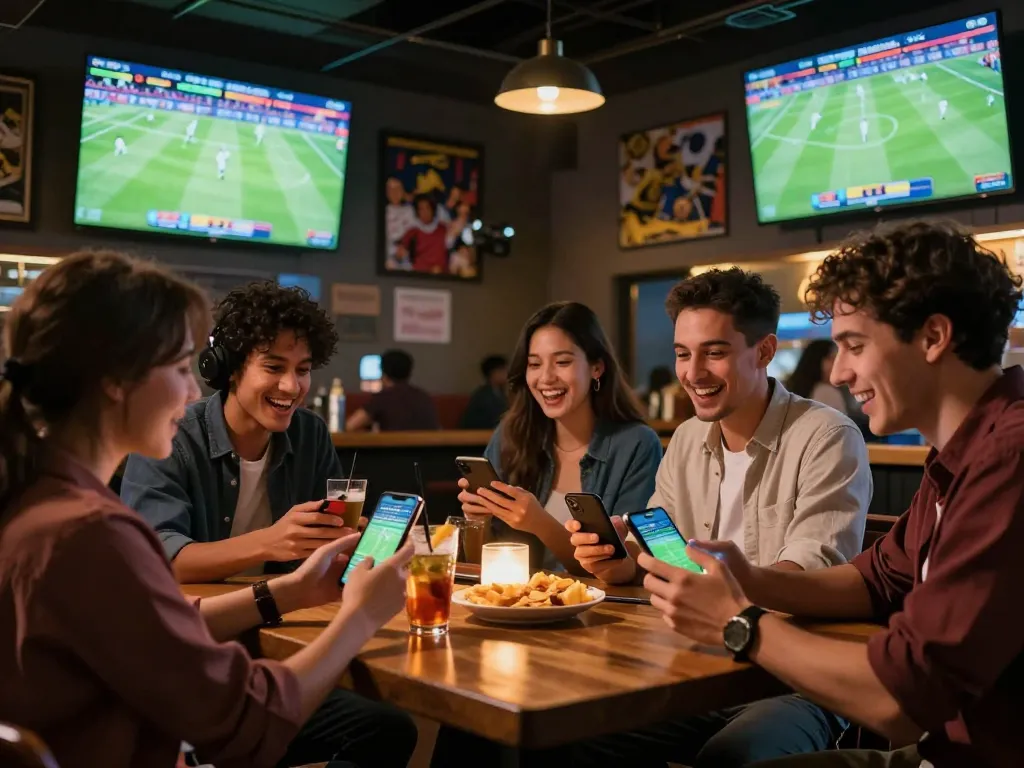 View of friends engaging in sports betting while watching a game, experiencing kèo nhà cái excitement.