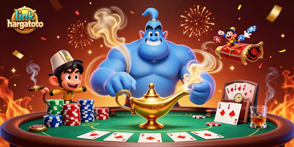 Engage in fast gaming with link hargatoto as a genie and monkey sprinkle poker chips.