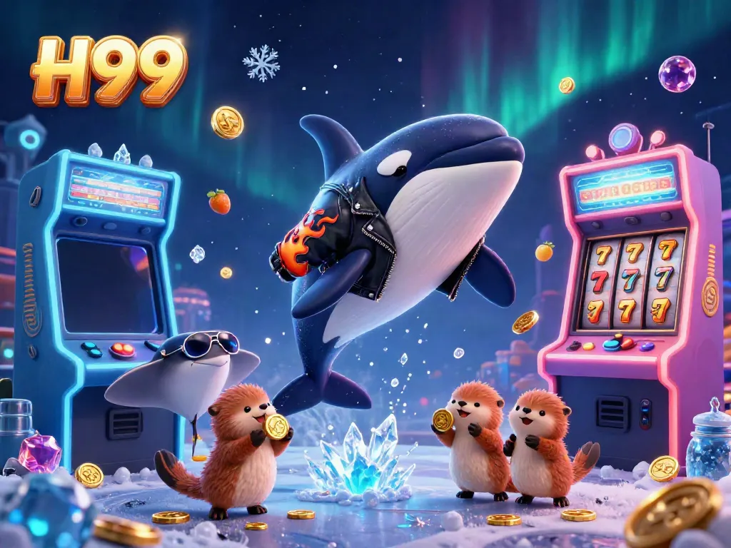 Experience the excitement of H99 with a colorful casino scene featuring a dynamic whale and otters holding gold coins.