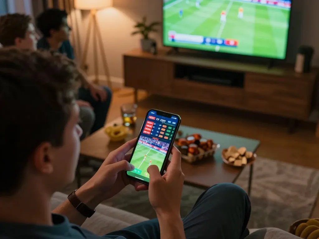 Soi kèo Hà Lan action in live sports betting with smartphone, snacks, and friends.