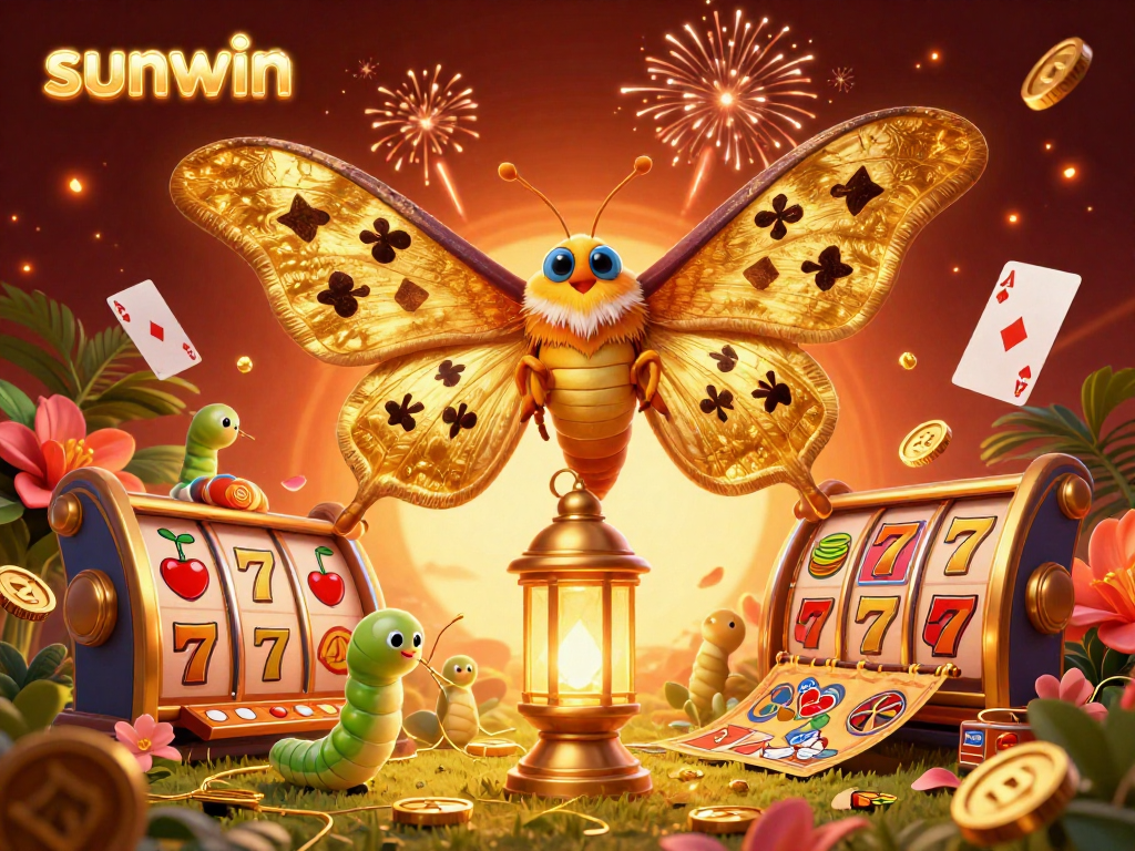 Engage with sunwin's vibrant casino atmosphere featuring a cartoon moth and dynamic slot elements.