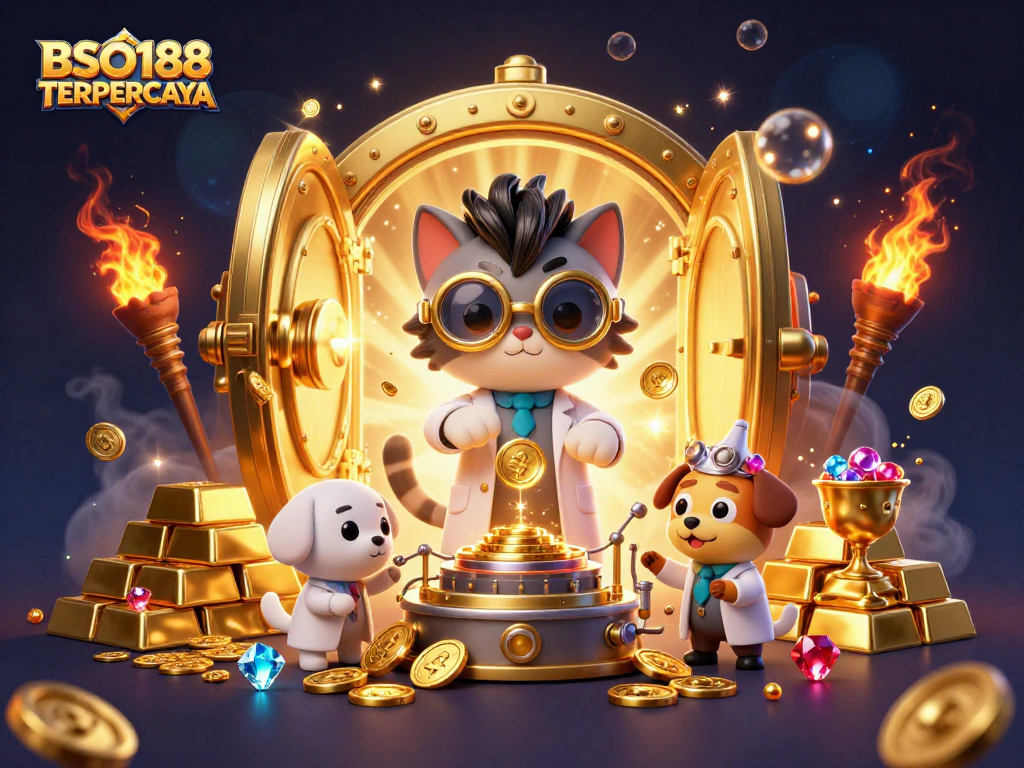 Engage with BSO188 TERPERCAYA and explore a lively casino scene featuring playful characters and treasures