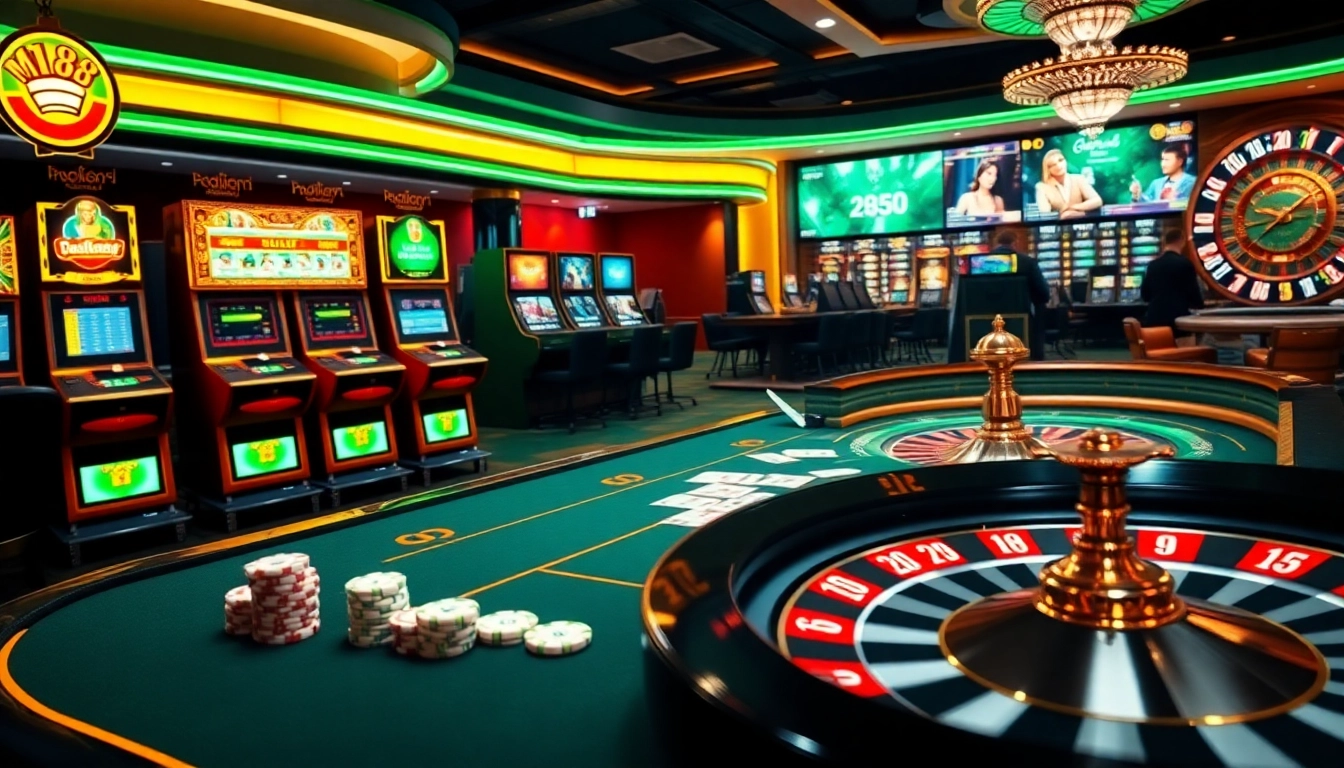 Exciting gambling scene featuring mv88 online casino elements with vibrant slots and poker action.