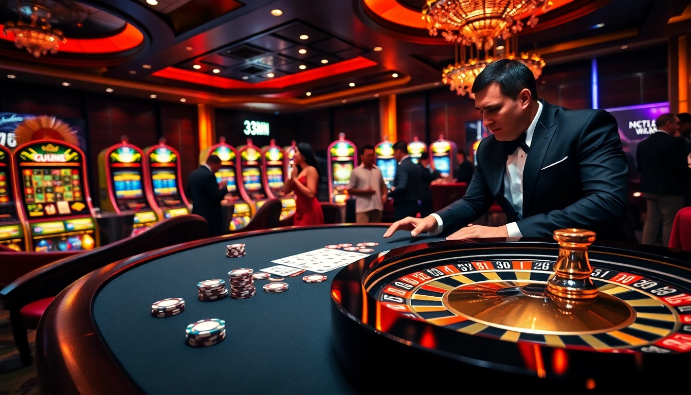 33Win players enjoying poker at a luxurious casino table with vibrant lighting.