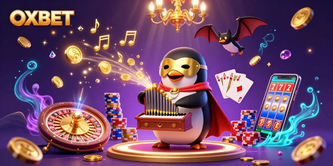 OXBET delivers thrilling casino action with a phantom penguin playing organ, golden coins, and a roulette wheel.