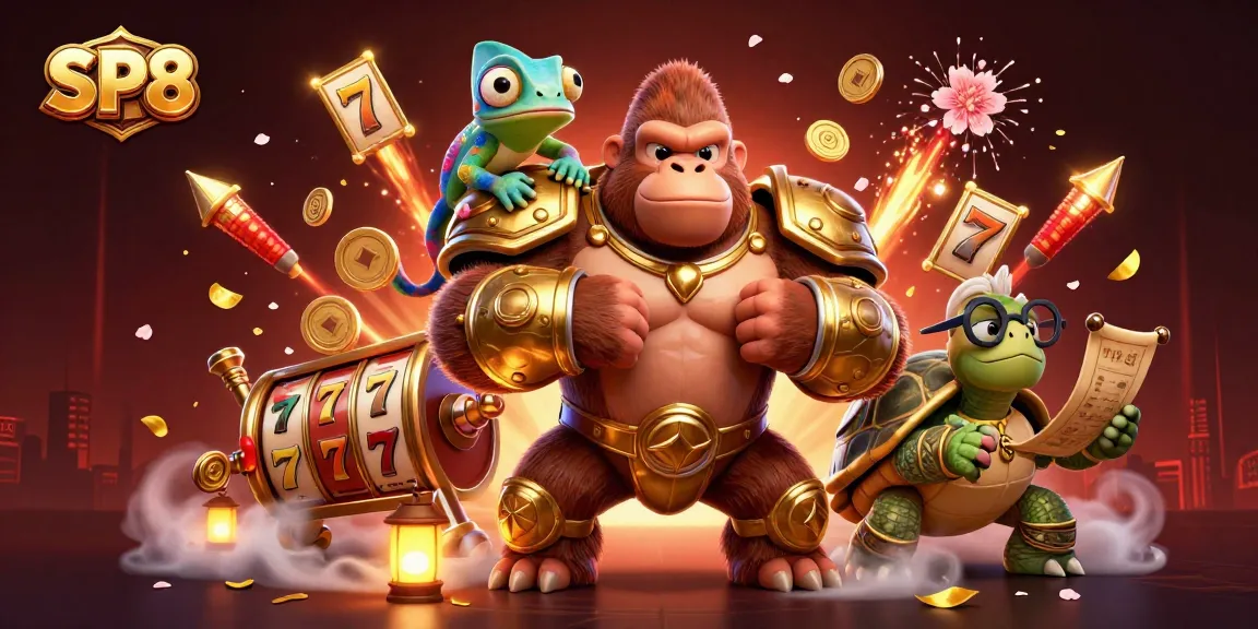 Experience the thrilling SP8 online casino action with a powerful gorilla in golden armor surrounded by dynamic slot games.